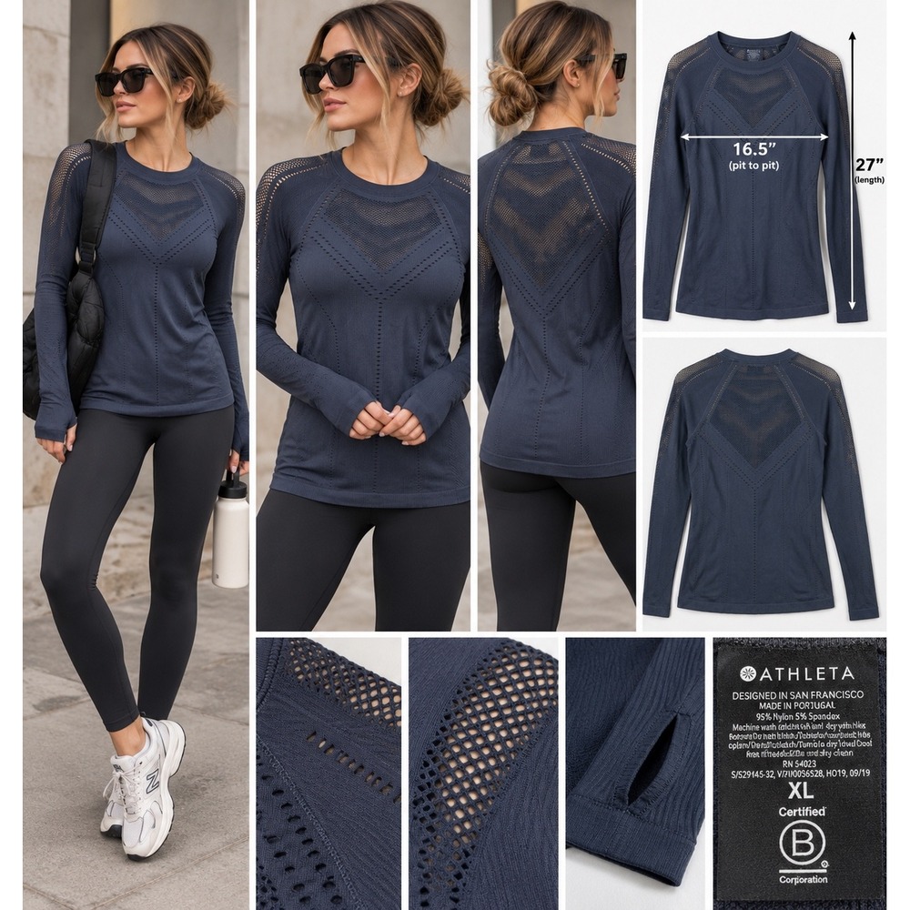 Athleta Oxygen Top XL Black Seamless Mesh Long Sleeve Performance Workout Shirt